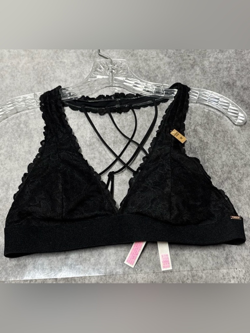 NWT PINK Victoria's Secret Black Lace Bralette with Crisscross Straps Sz M